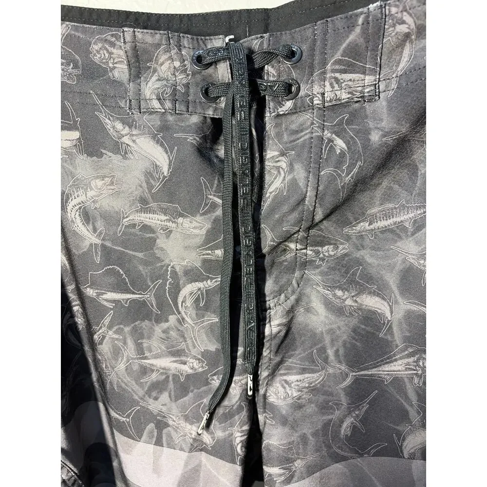 Pelagic Sharkskin Americamo Flag Board Shorts Swim Fishing Black Gray sz 38